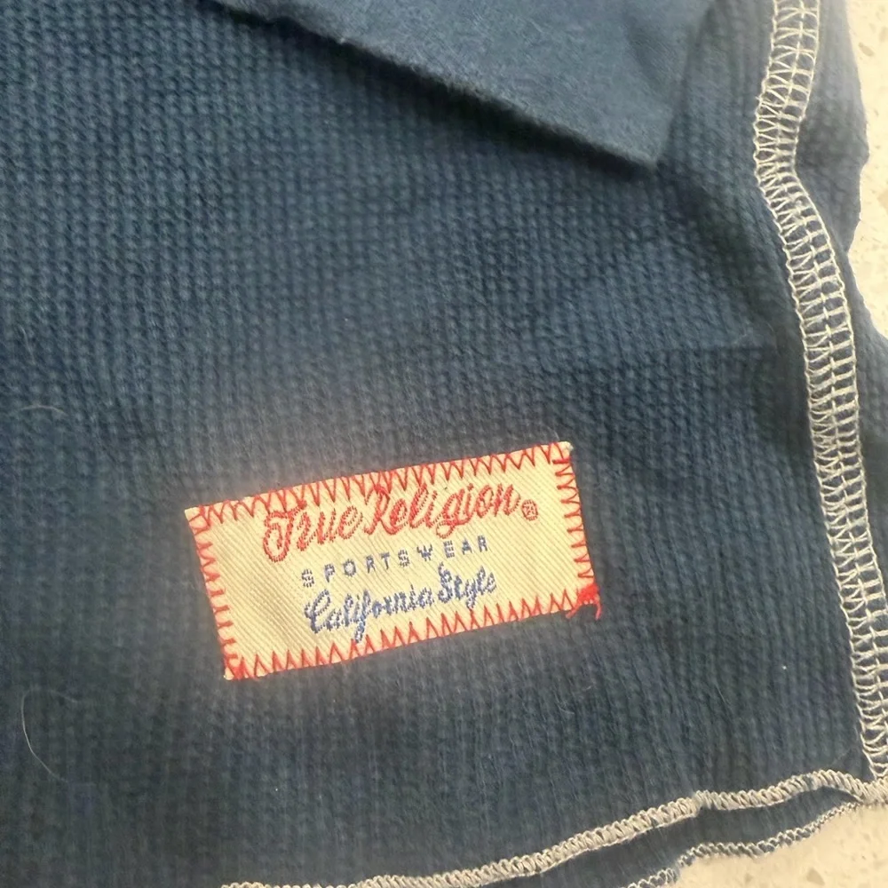 True Religion Thermal Waffle Knit Long Sleeve Y2K Logo Shirt Blue Mens XXXL